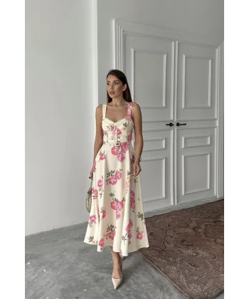 Ekru İnce Kemer Detaylı Elbise