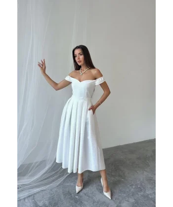 Ekru Jakarlı Elbise