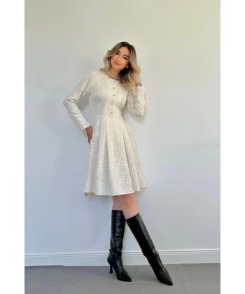 Ekru Kısa Klasik Elbise