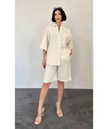 Ekru Kısa Kollu Keten Gömlek Ve Şort Takım