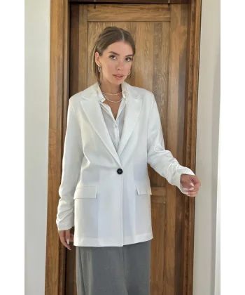 Ekru Kol Ucu Büzgülü Atlas Ceket