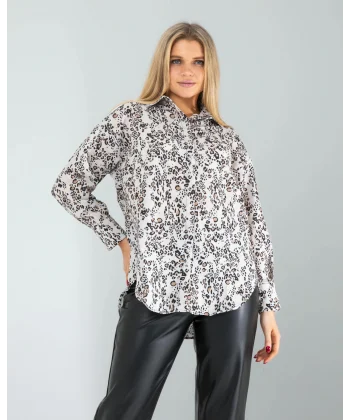 Ekru Leopar Desen Gömlek