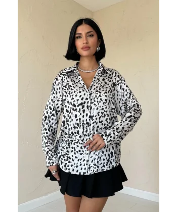 Ekru Leopar Desenli Saten Gömlek