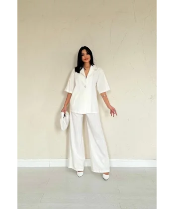 Ekru Önü Tek Düğmeli Ceket Pantolon Takım