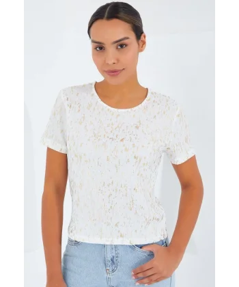 Ekru Varaklı Basic Tişört 909