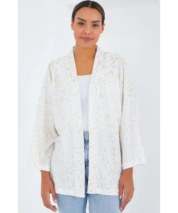Ekru Varaklı Örme Kimono 5925