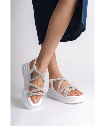 ELENA Lastikli Taşlı Şeritli Ortopedik Taban Kadın Sandalet  CBT - Beyaz
