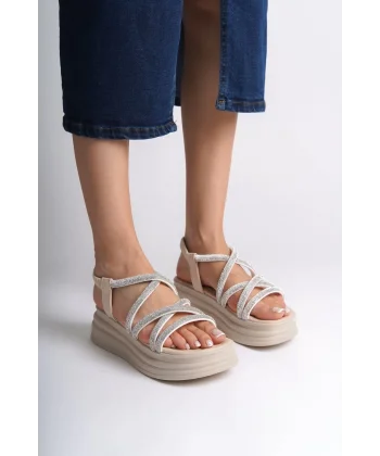 ELENA Lastikli Taşlı Şeritli Ortopedik Taban Kadın Sandalet  CKT - Krem