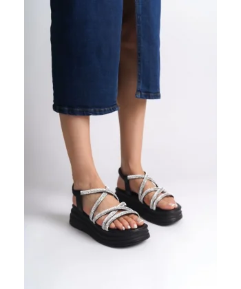 ELENA Lastikli Taşlı Şeritli Ortopedik Taban Kadın Sandalet CST - Siyah