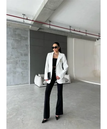 ELLO ETİKETLİ ÇENGELLİ İĞNE DETAYLI CEKET - Beyaz