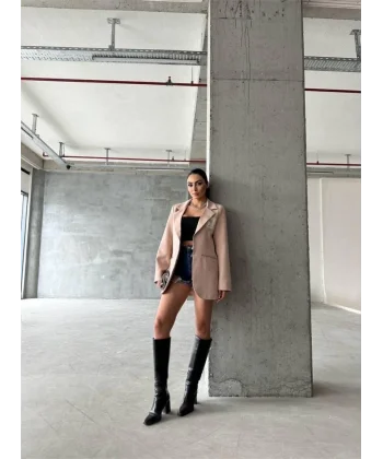 ELLO ETİKETLİ ÇENGELLİ İĞNE DETAYLI CEKET - Pudra