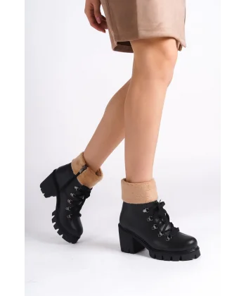 EMMA Bağcıklı Fermuarlı Ortopedik Taban Topuklu Kürk DetaylıKadın Bot  CST - Siyah