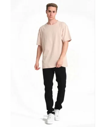 Erkek 24/1 Düz A Kalite Oversize T-shirt - Bej