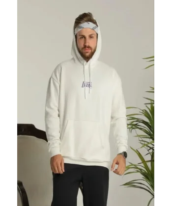Erkek 24 Sırt Baskılı Ovresize Üç İplik Kapüşonlu Sweatshirt - Beyaz