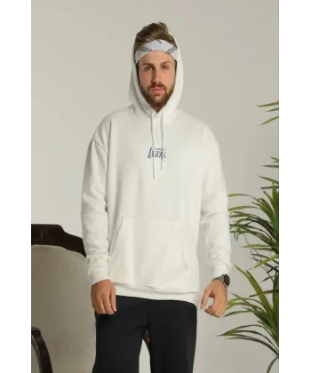 Erkek 24 Sırt Baskılı Ovresize Üç İplik Kapüşonlu Sweatshirt - Beyaz