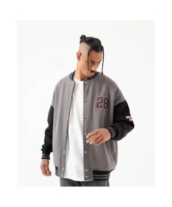 Erkek 28 Baskılı Oversize Üç İplik Kolej Ceket - Füme