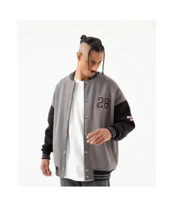 Erkek 28 Baskılı Oversize Üç İplik Kolej Ceket - Füme