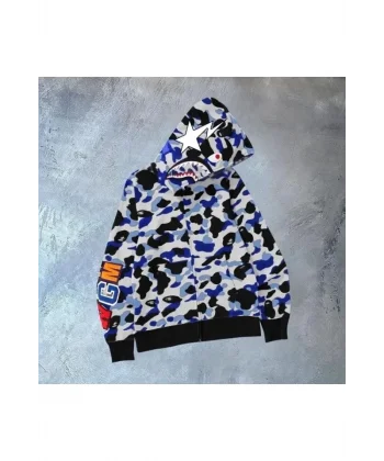 Erkek 3 İplik Bape Kapüşonu Fermuarlı Hırka - Gri