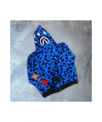 Erkek 3 İplik Bape Kapüşonu Fermuarlı Hırka - Mavi