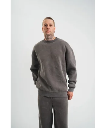 Erkek 3 İplik Pamuklu Yağ Yıkamalı Sweatshirt Double Oversize Bisiklet Yaka Uzun Kol - Füme