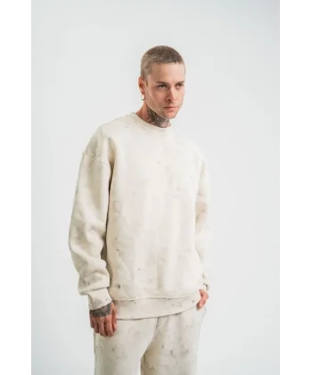 Erkek 3 İplik Pamuklu Yağ Yıkamalı Sweatshirt Double Oversize Bisiklet Yaka Uzun Kol - Krem