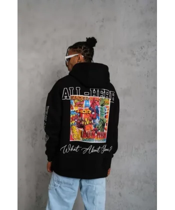 Erkek 93 Dijital Parça Baskılı Kapşonlu Sweat - Siyah