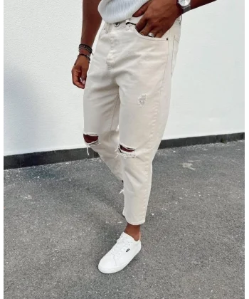 Erkek Açık Krem Yırtık Detaylı Boyfriend Jean