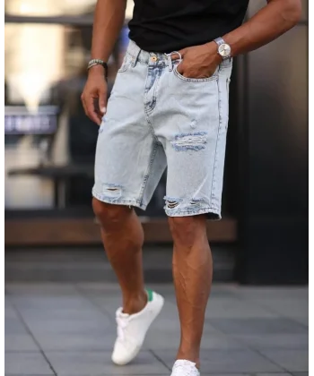 Erkek Açık Mavi Detaylı Kot Şort