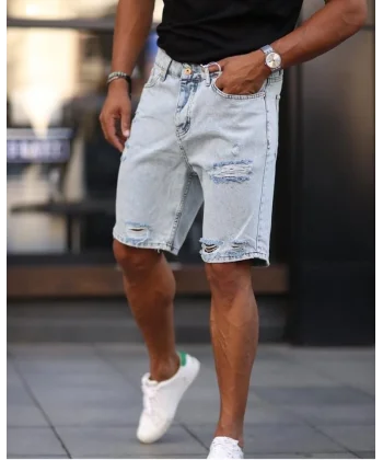 Erkek Açık Mavi Detaylı Kot Şort