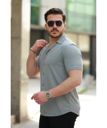 Erkek Apaç Yaka örme Kumaş Kısa Kollu Gömlek