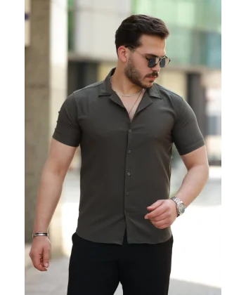 Erkek Apaj Yaka Kısa Kollu Gömlek