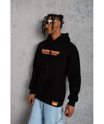 Erkek Armalı Baskılı Kapüşonlu Sweatshirt - Siyah