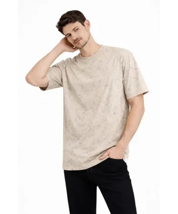 Erkek Asit Yıkama Bisiklet Yaka Kısa Kollu Oversize T-Shirt Tişört - Bej