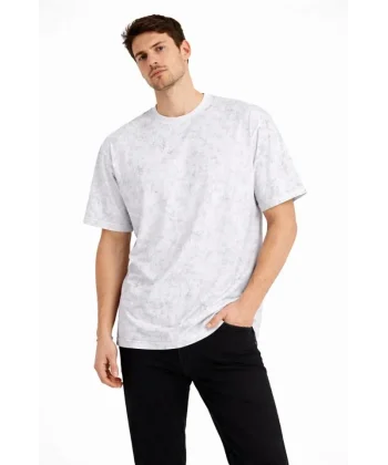 Erkek Asit Yıkama Bisiklet Yaka Kısa Kollu Oversize T-Shirt Tişört - Beyaz