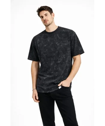 Erkek Asit Yıkama Bisiklet Yaka Kısa Kollu Oversize T-Shirt Tişört - Siyah