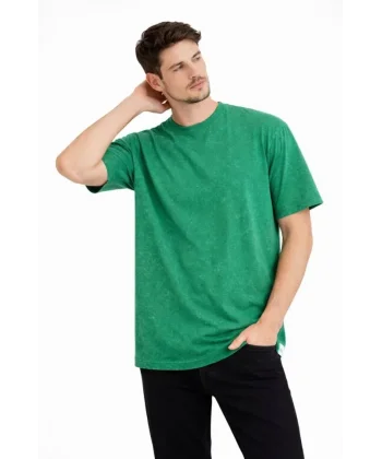 Erkek Asit Yıkama Bisiklet Yaka Kısa Kollu Oversize T-Shirt Tişört - Yeşil