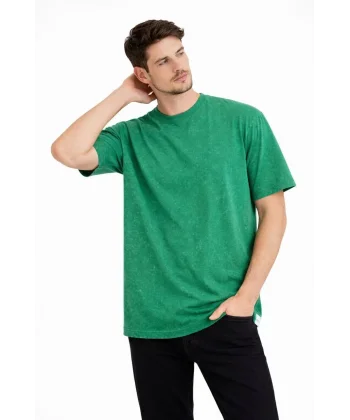 Erkek Asit Yıkama Bisiklet Yaka Kısa Kollu Oversize T-Shirt Tişört - Yeşil
