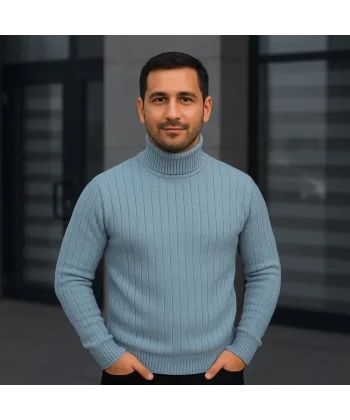 Erkek Balıkcı Yaka Bağazlı Triko Kazak Pamuklu Kalın Fitilli Dokuma, Regular Fit Uzun Kollu Kışlık Model - Bebe Mavisi