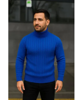 Erkek Balıkcı Yaka Bağazlı Triko Kazak Pamuklu Kalın Fitilli Dokuma, Regular Fit Uzun Kollu Kışlık Model - Saks Mavisi