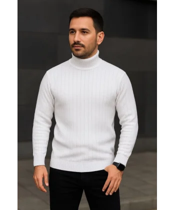 Erkek Balıkcı Yaka Bağazlı Triko Kazak Pamuklu Kalın Fitilli Dokuma, Regular Fit Uzun Kollu Kışlık Model - Beyaz