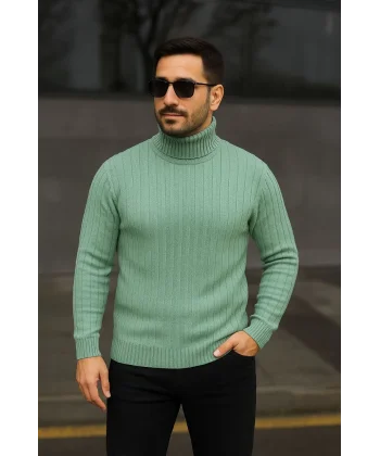 Erkek Balıkcı Yaka Bağazlı Triko Kazak Pamuklu Kalın Fitilli Dokuma, Regular Fit Uzun Kollu Kışlık Model - Mint Yeşili