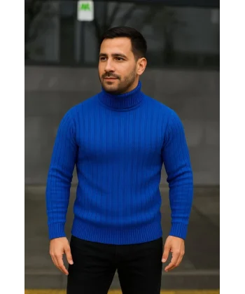 Erkek Balıkcı Yaka Bağazlı Triko Kazak Pamuklu Kalın Fitilli Dokuma, Regular Fit Uzun Kollu Kışlık Model - Saks Mavisi