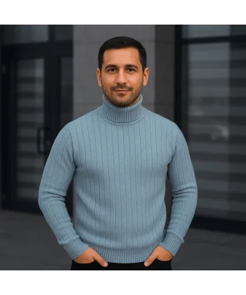 Erkek Balıkcı Yaka Bağazlı Triko Kazak Pamuklu Kalın Fitilli Dokuma, Regular Fit Uzun Kollu Kışlık Model - Bebe Mavisi