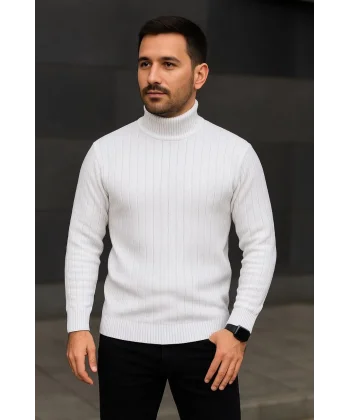 Erkek Balıkcı Yaka Bağazlı Triko Kazak Pamuklu Kalın Fitilli Dokuma, Regular Fit Uzun Kollu Kışlık Model - Beyaz