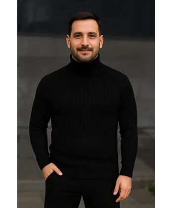 Erkek Balıkcı Yaka Bağazlı Triko Kazak Pamuklu Kalın Fitilli Dokuma, Regular Fit Uzun Kollu Kışlık Model - Siyah