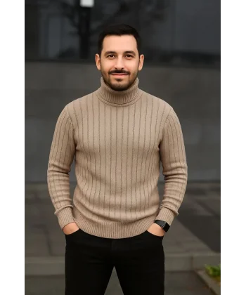 Erkek Balıkcı Yaka Bağazlı Triko Kazak Pamuklu Kalın Fitilli Dokuma, Regular Fit Uzun Kollu Kışlık Model - Bej