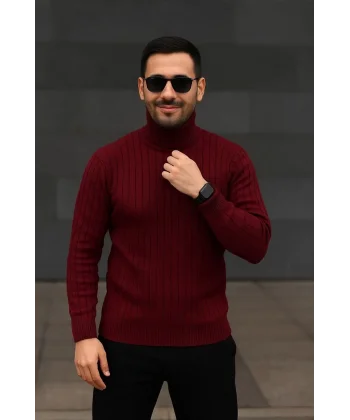 Erkek Balıkcı Yaka Bağazlı Triko Kazak Pamuklu Kalın Fitilli Dokuma, Regular Fit Uzun Kollu Kışlık Model - Bordo
