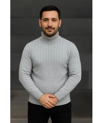 Erkek Balıkcı Yaka Bağazlı Triko Kazak Pamuklu Kalın Fitilli Dokuma, Regular Fit Uzun Kollu Kışlık Model - Gri