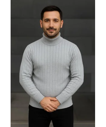 Erkek Balıkcı Yaka Bağazlı Triko Kazak Pamuklu Kalın Fitilli Dokuma, Regular Fit Uzun Kollu Kışlık Model - Gri