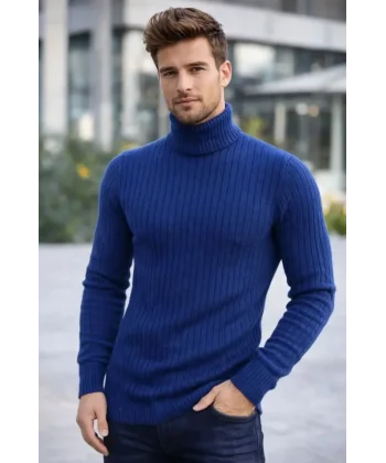 Erkek Balıkcı Yaka Bağazlı Triko Kazak Pamuklu Kalın Fitilli Dokuma, Regular Fit Uzun Kollu Kışlık Model - İndigo